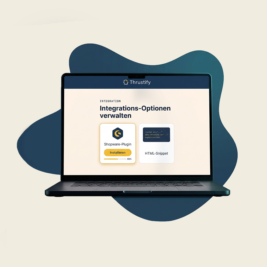 Laptop mit den Thrustify-Integrations-Optionen: Shopware-Plugin installieren oder HTML-Snippet einsetzen.