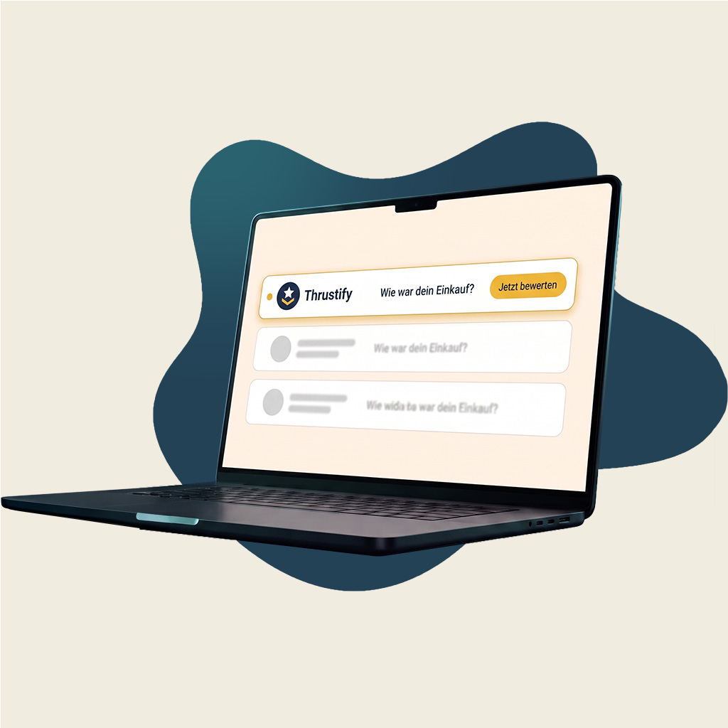 Laptop mit einem Posteingang: die Thrustify-Bewertungseinladung „Wie war dein Einkauf?" liegt oben.